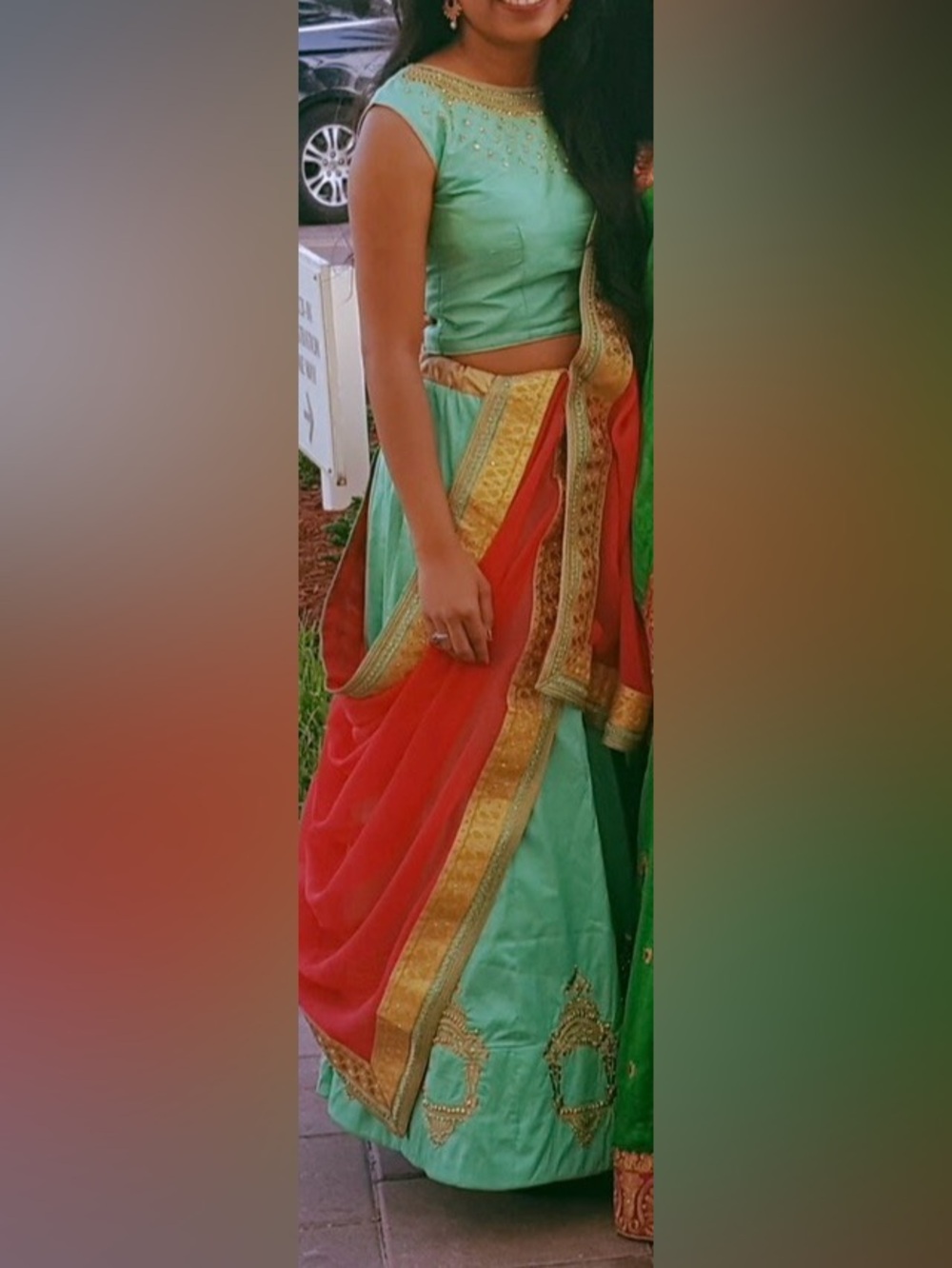 Traditional Women's Mint Green and Coral Lehenga with Gold Trim - silk